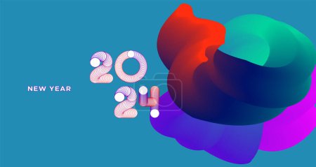 Téléchargez les illustrations : Bonne année 2024 Bannière de carte de vœux colorée pour les médias sociaux. Modèle de conception de fond fluide abstrait vectoriel - en licence libre de droit