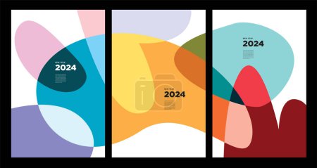 Téléchargez les illustrations : Nouvel An 2024 coloré abstrait géométrique et fluide pour la conception de cartes de vœux affiche et bannière - en licence libre de droit