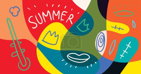 Téléchargez les illustrations : Illustration vectorielle colorée de caniche arrière-plan pour la conception de bannière de vacances d'été 2024 - en licence libre de droit
