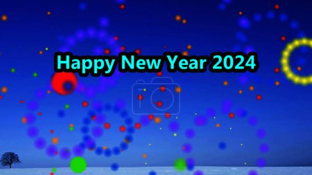 Foto de Feliz Año Nuevo 2024, ilustración con fuegos artificiales, prado nevado con un solo árbol - Imagen libre de derechos