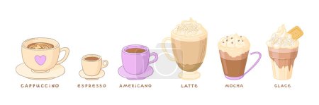 Téléchargez les illustrations : Set of different vector illustrations of coffee. Beautiful mugs with different types of coffee. Great for coffee shops, menu. - en licence libre de droit