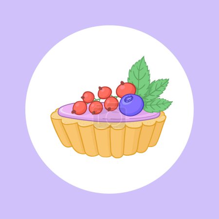Illustration for Illustration of custard tart with berries on top. Vector illustration of desert fruit tartlet. Sweet dessert poster. Design element for pastry shop, cafe, dessert menu. - Royalty Free Image