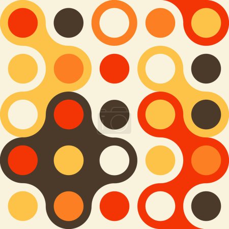 Abstrakcyjny wzór w stylu retro, z brązowymi, pomarańczowymi, beżowymi i żółtymi kropkami na beżowym tle