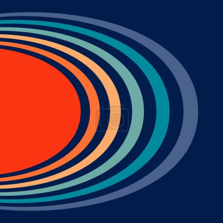 Téléchargez les photos : Illustration abstraite de l'éclipse solaire de style rétro en rouge, orange, orange pastel, turquoise, bleu, bleu foncé sur fond bleu marine - en image libre de droit