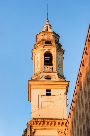 Awesome view of the bell tower of the San Sebastiano church in Verona, Italy. The ancient tower is built in the Baroque style. Verona is a popular tourist destination of Europe.