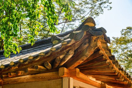 Foto de Detalle del techo tradicional coreano. Techo de azulejo negro. - Imagen libre de derechos