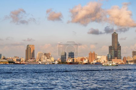 Photo for Kaohsiung skyline. Scenic view of Kaohsiung Harbor. 85 Sky Tower (Tuntex Sky Tower) and other modern buildings of downtown. The skyscraper is a landmark of Taiwan. Awesome cityscape. - Royalty Free Image