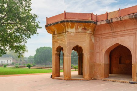 Scenic part of Safdarjung's Tomb in Delhi, India. Beautiful red sandstone mausoleum. Wonderful Mughal architecture. The tomb is a popular tourist attraction of South Asia.