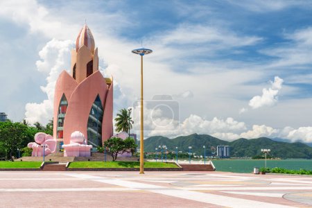 Awesome view of Tram Huong Tower and April 2 Square in Nha Trang, Vietnam. The central square is a popular tourist attraction of Asia. Amazing cityscape.