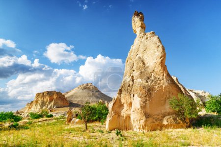 Foto de Impresionante vista de formaciones rocosas en el valle de Pasabag en Capadocia, Turquía. Fabuloso paisaje del Parque Nacional Histórico Goreme. Capadocia es un popular destino turístico de Turquía. - Imagen libre de derechos