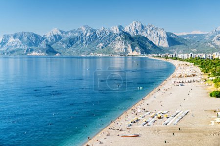 Photo for Awesome view of Konyaalti Beach and Park in Antalya, Turkey. Drone flying over the beach. Konyaalti Beach is a popular tourist attraction in Turkey. - Royalty Free Image