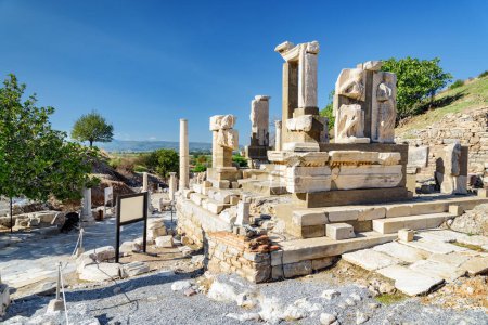 Photo for View of ruins in Ephesus (Efes). Scenic ruins of the ancient Greek city in Selcuk, Izmir Province, Turkey. Ephesus is a popular tourist attraction in Turkey. - Royalty Free Image