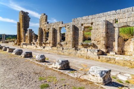 Scenic ruins of the Palace of Gaius Julius Cornutus in Perge (Perga) at Antalya Province, Turkey. Awesome view of the ancient Greek city. Perge is a popular tourist destination in Turkey.