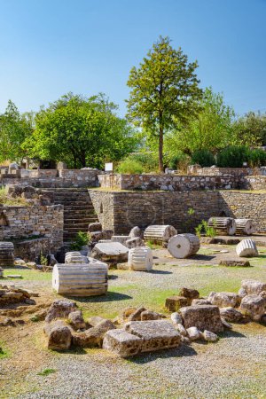 The ruins of the Mausoleum at Halicarnassus (Tomb of Mausolus) in Bodrum, Turkey. The Mausoleum is one of the Seven Wonders of the Ancient World and a popular tourist attraction in Turkey.