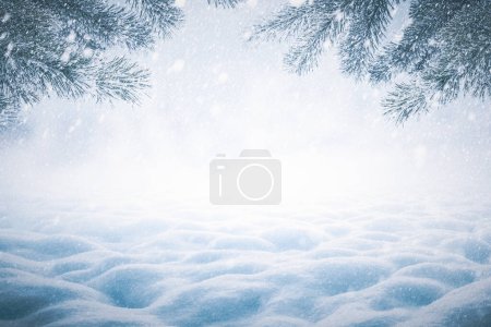 Fond de Noël d'hiver avec branches de pin neigeux et tas de neige