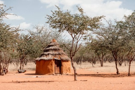Foto de Primer plano de la cabaña tradicional de las tribus himba en Namibia, África. Tupicas personas himbas casa de arcilla roja y ramas de árboles - Imagen libre de derechos