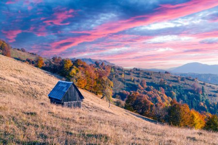 Téléchargez les photos : Ancienne cabane en bois sur prairie d'automne au coucher du soleil. Hêtres rouges sur fond qui couvraient les montagnes d'automne. Photographie de paysage - en image libre de droit