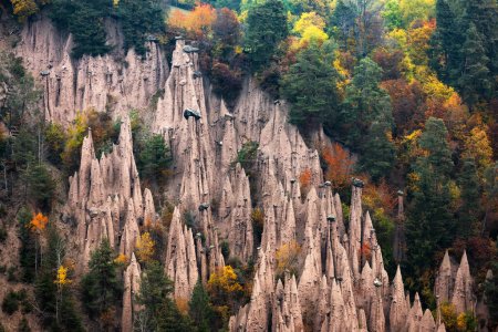 Pintoresca vista de las pirámides naturales de tierra en temporada de otoño. Renon, Ritten, Dolomitas, Tirol del Sur, Italia