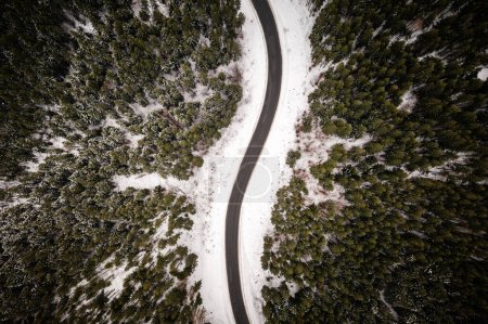 Téléchargez les photos : Forêt enneigée avec serpentine de route dans les montagnes d'hiver. Vue de haut en bas. Photographie de paysage - en image libre de droit