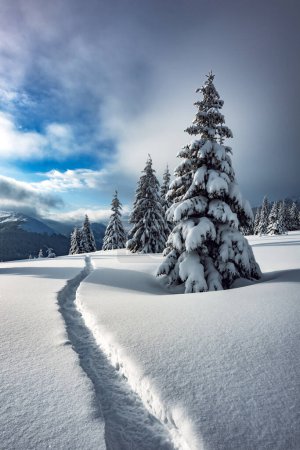 Foto de Un paisaje invernal con abetos cubiertos de nieve en un prado de montaña y un camino pisado por la nieve. Montañas en invierno - Imagen libre de derechos