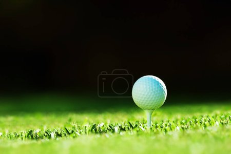 Photo for Close-up of white golf ball on tee with blur green and black bokeh background. Golf game concept - Royalty Free Image