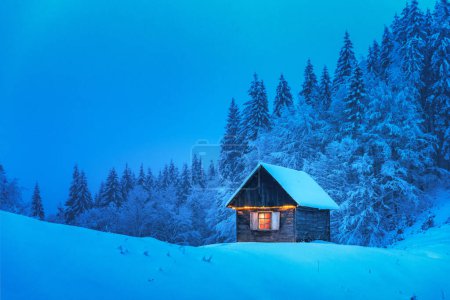 Téléchargez les photos : Une maison en bois solitaire entourée de pins enneigés dans une clairière de montagne profondément dans les bois dans un paysage hivernal. Carte postale de Noël. Forêt de montagnes enneigées - en image libre de droit