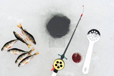 Téléchargez les photos : Concept de pêche hivernale avec canne à pêche, appât à vers de sang et pêche à la perche près du trou de glace - en image libre de droit