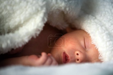 Foto de Una escena dulce y serena se desarrolla mientras un bebé recién nacido duerme pacíficamente, envuelto en la suave suavidad de una manta esponjosa - Imagen libre de derechos