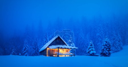 Téléchargez les photos : Une scène hivernale sereine avec une maison en bois solitaire et des conifères enneigés sur une clairière de montagne au cœur de la forêt. Carte postale de Noël. Forêt de montagnes enneigées - en image libre de droit
