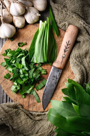 Photo for Cutting fresh organic bears wild garlic leaves on wooden board with knife close up. Food photography - Royalty Free Image