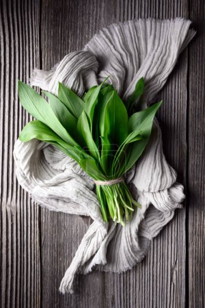 Photo for Bunch of fresh bears wild garlic on wooden table close up. Food photography - Royalty Free Image
