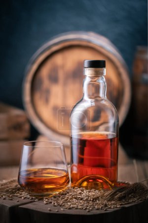 Foto de Un vaso de whisky con botella sobre tabla de madera. Barrica de roble sobre fondo. Granos de cebada y espigas de cebada en primer plano - Imagen libre de derechos