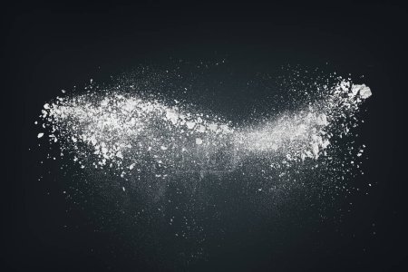 Abstract dynamic cloud of white dust particles dispersing against black background in explosion. Design element creative collage.