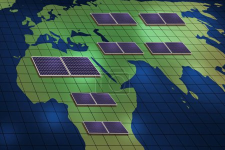 Scheme of installing solar panels around the world. Renewable energy concept.
