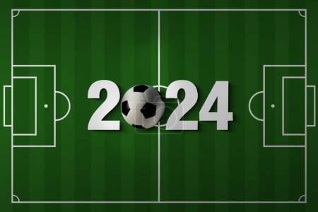 Vista superior de pelota de fútbol en el campo de fútbol con 2024. Concepto de torneo.