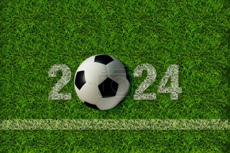 Vista superior de pelota de fútbol en el campo de fútbol con 2024. Concepto de torneo.