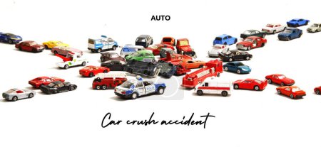 Photo for Many different kinds of cars. Car, auto, small auto, toy,  Accidence in the city,  matchbox, model car, toy vehicles, wheels, Models cars. Car crush accidence. - Royalty Free Image
