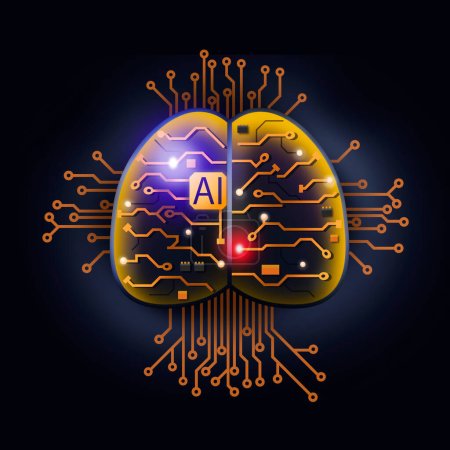 Foto de Cerebro de inteligencia artificial con rastros de un microcircuito en primer plano sobre un fondo negro. - Imagen libre de derechos