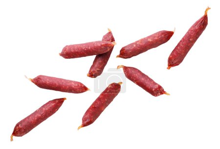 Smoked sausages fly close-up on a white background. Isolated