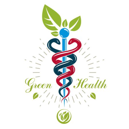 Illustration for Caduceus medical symbol, graphic vector emblem for use in healthcare. Phytotherapy metaphor. - Royalty Free Image
