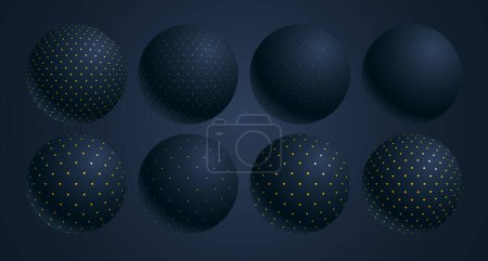 Téléchargez les illustrations : Ensemble vectoriel abstrait sphères pointillées noires et jaunes, boules décorées de points, globes 3D - en licence libre de droit