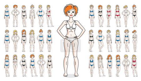 Illustration for Women in bikini vector illustrations isolated on white background big set, attractive adult girls beautiful and slim curvy body cute characters standing full length, gorgeous diverse females. - Royalty Free Image