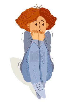 Illustration for Scared young woman feeling uncomfortable vector illustration, phobia paranoia anxiety or other psychical and psychological problems concept, bad emotions. - Royalty Free Image