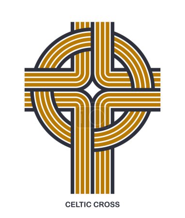 Illustration for Christian cross modern linear style vector symbol isolated on white, faith and belief contemporary crucifix sign of Jesus Christ stripy graphic design. - Royalty Free Image