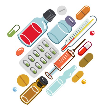 Illustration for Big composition set of medicaments vector flat illustration isolated, pharmacy drugs apothecary bottles and pills and ampules, health care and healing medical theme design. - Royalty Free Image