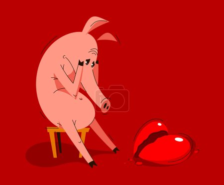 Illustration for Funny cartoon pig upset and depressed sitting and crying because of broken heart vector illustration, breakup loneliness relationship mate lover, animal character swine drawing. - Royalty Free Image