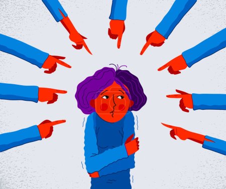 Illustration for Shaming and blaming vector concept, hand pointing finger on young girl woman feeling uncomfortable and scared, discrimination problem of cruel and intolerant behavior in social groups. - Royalty Free Image