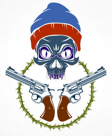 Illustration for Anarchy and Chaos aggressive emblem or logo with wicked skull, vector vintage scull tattoo, rebel gangster criminal and revolutionary. - Royalty Free Image