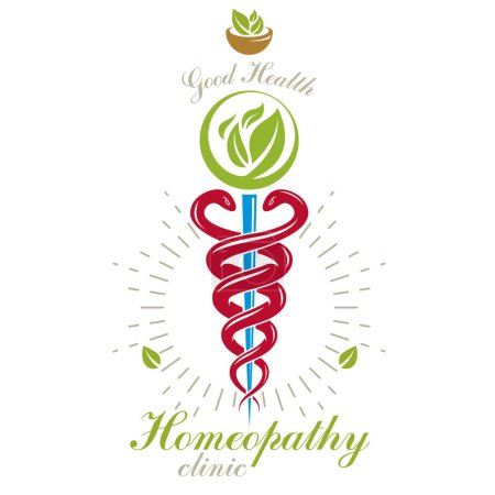 Illustration for Pharmacy Caduceus icon, vector medical logo for use in holistic medicine, rehabilitation or pharmacology. Homeopathy creative symbol composed with mortar and pestle. - Royalty Free Image