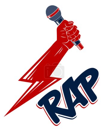 Rap logo vector de música o emblema con micrófono en la mano en forma de rayo, Hip Hop rimas festival concierto o discoteca fiesta etiqueta, camiseta de impresión
.